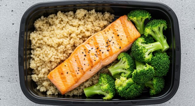 Healthy meal prep with salmon, quinoa, and broccoli 
