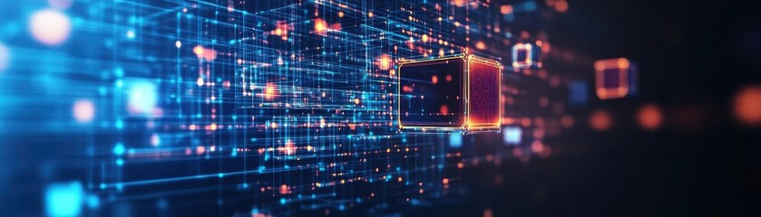 Abstract digital data flow displayed on a computer screen featuring blue and orange background with dynamic design