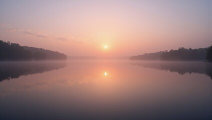 Obraz premium Peaceful Sunrise Over Still Lake with Soft Colors of Dawn