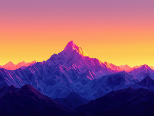 Majestic mountain range at sunrise with low-poly art style in warm orange and purple hues
