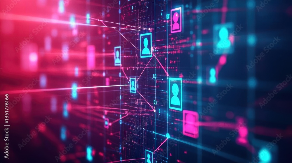 Fototapete Contemporary computer screen displaying a striking pink and blue abstract background with digital network motifs