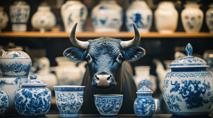Bull in a china shop, cow among vases and ceramic pots, precious and fragile items contrasting with clumsiness and wild strength of the animal, fun illustration of the English saying, metaphoric image