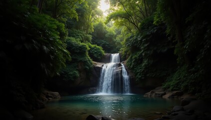 Obraz premium Serene Secluded Waterfall Flowing Into a Pristine Tropical Pool