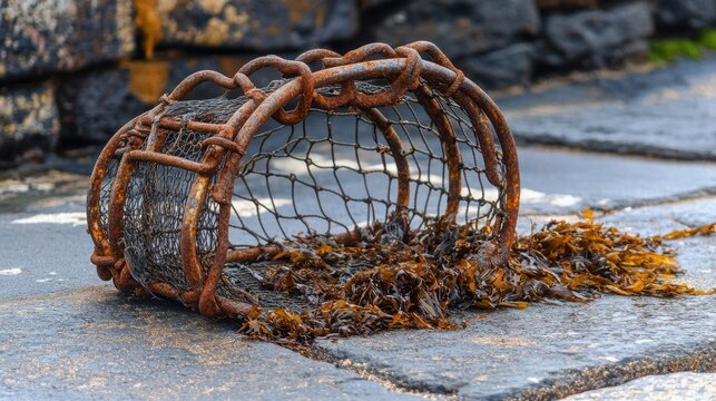 A rusty metal fish trap net coiled on a rough dock surface with dried seaweed nearby