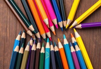 Fototapeta premium A vibrant collection of sharpened colored pencils, arranged casually on a rustic brown wooden surface, still life, design