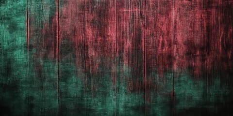 Obraz premium A dark cherry wood wall with subtle age marks and an uneven finish, contrasted against a deep emerald green grunge backdrop