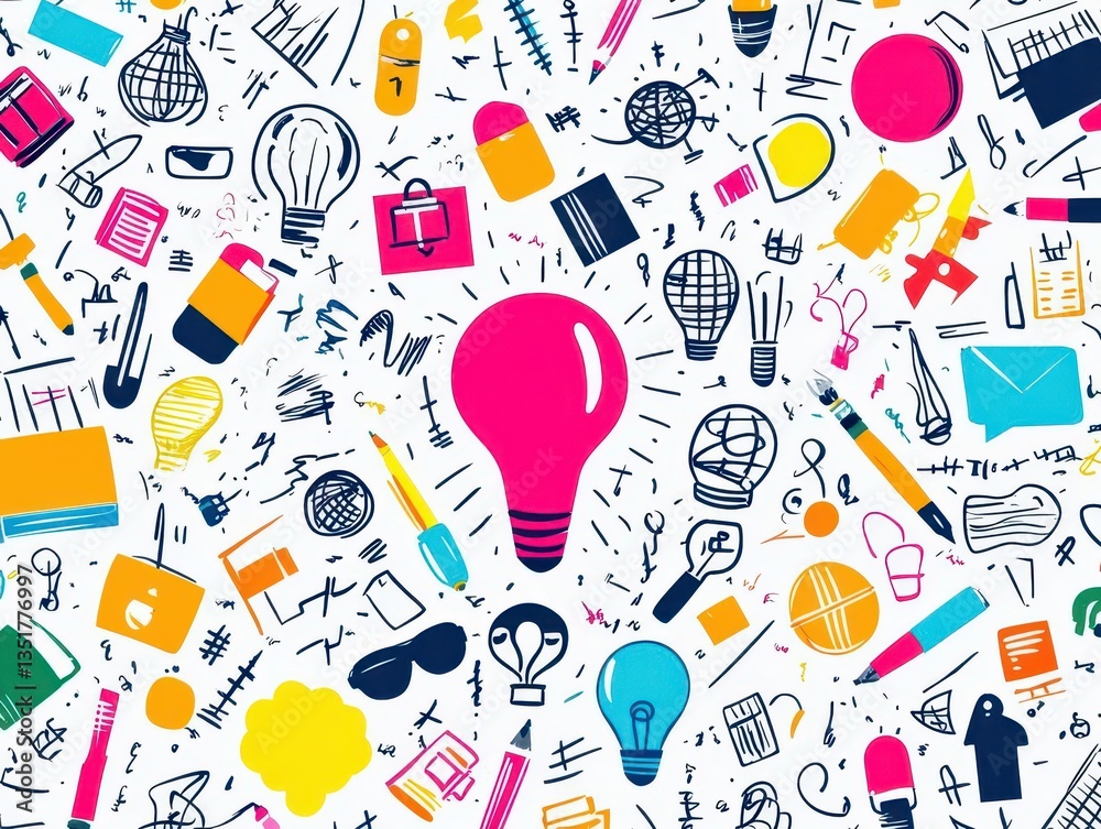 Leinwandbilder colorful pattern of diverse objects representing creativity and problem solving in a doodle style ar