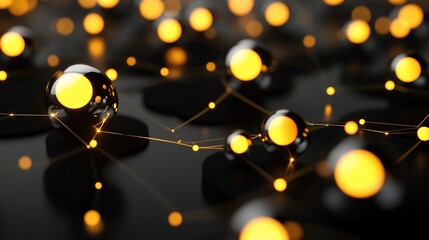 Abstract network of glowing spheres on a dark reflective surface connected by lines