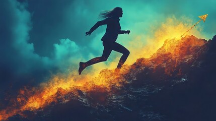 Naklejka premium A woman is running up a hill with fire behind her