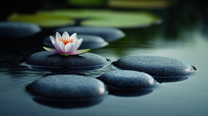 Fototapeta premium Serene Water Lily on Tranquil Stones: A Moment of Peace