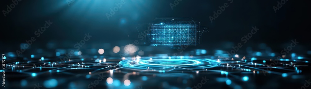 Poster Futuristic cityscape illuminated by glowing blue light with abstract architectural structures and advanced technology