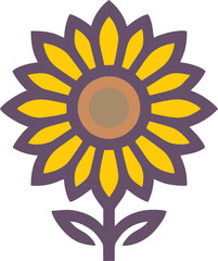 Modern Sunflower Icon, A clean and symmetrical digital illustration of a sunflower featuring bold purple outlines, bright yellow petals, and a brown center. The flower is designed in a flat, minimalis