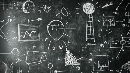 Chalkboard filled with complex math and science diagrams in an educational setting - Powered by Adobe