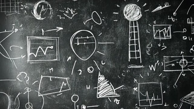 Chalkboard filled with complex math and science diagrams in an educational setting - Powered by Adobe