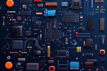 Abstract computer circuit board design set against a striking blue background showcasing modern technology elements