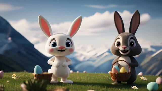 easter bunny on easter day celebration on the mountains cute cartoon character on the mountains with other cartoon rabbit standing with eggs basket on easter day created with generative ai