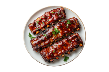 Barbecue ribs on a plate top view Isolated on White and Transparent Background PNG Image.