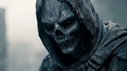 A haunting figure in a dark, foggy landscape.