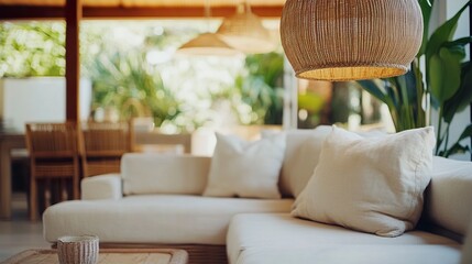 Stylish living room featuring a comfortable sofa in earthy tones wicker pendant lamp overhead warm natural light enhancing the relaxing modern interior. 