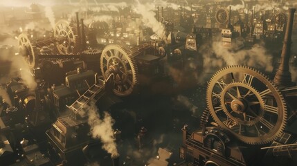Aerial view of a sprawling steampunk industrial city, giant brass gears, billowing steam, intricate Victorian-style factories, AI-generated, alternate history aesthetic, warm sepia tones