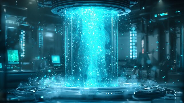 Quantum teleportation experiment taking place in a futuristic lab