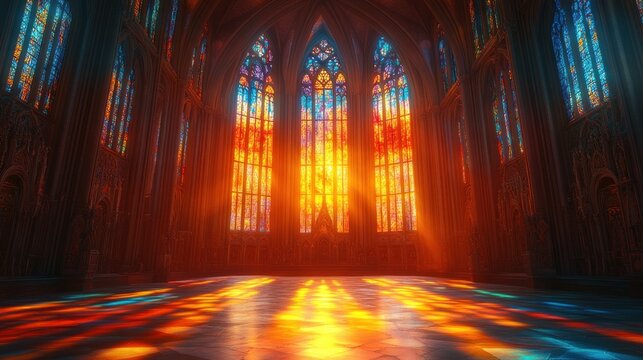Majestic Gothic Cathedral Interior with Multicolored Stained Glass Light