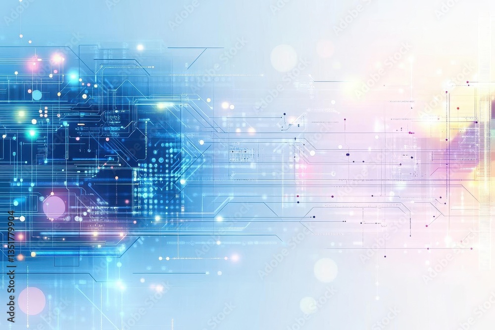 Poster circuit board design set against a blue and yellow background showcasing futuristic technology and d