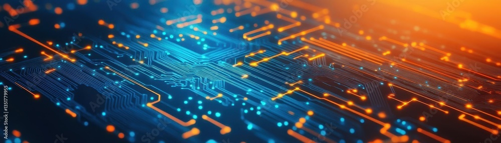 Poster intricate circuit design featuring orange and blue lights emphasizing a futuristic glowing electroni