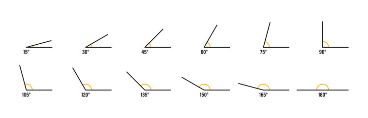Angle 15, 30, 45, 60, 75, 90, 105, 120, 135, 150, 165 and 180 degree icon symbol design set. Geometry, trigonometry and mathematics symbol. Measure angle rotation element. Vector Illustration.