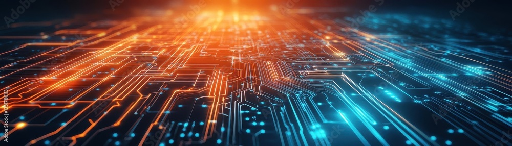 Poster stunning circuit design highlighting a single glowing orange light illustrating futuristic electroni