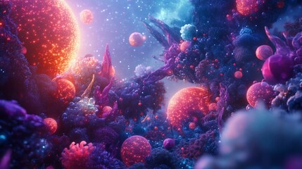 Fototapeta premium Glowing spherical formations with vibrant colors and intricate textures create an otherworldly landscape