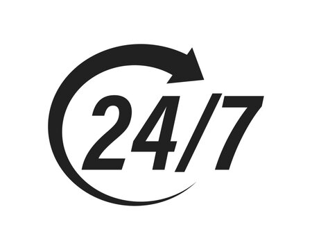 24 7 Service Support open, 24 hours a day, 7 days a week icon set. Call Center. Tech supporting symbol. Timetable, time, hours signs. Delivery, shopping symbol. Vector illustration