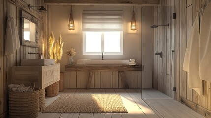 Stylish modern farmhouse bathroom pale walls rustic wood vanity soft lighting minimal decor with clean modern fixtures warm and serene interior. 