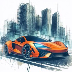 Concept of modern car moving along street. Blending blueprint and watercolor. AI generated illustration