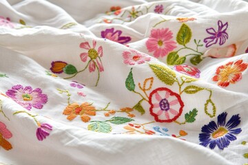 Delicate floral embroidery on white fabric, showcasing colorful hand-stitched flowers and leaves.