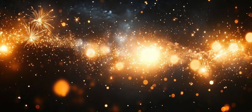 Vibrant Background of Fireworks Bokeh Celebration with Golden Sparkles for Events and Festivals
