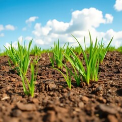 Patches of vibrant green grass sprout from rich brown soil against a cloudless blue sky, plant, sunny, green