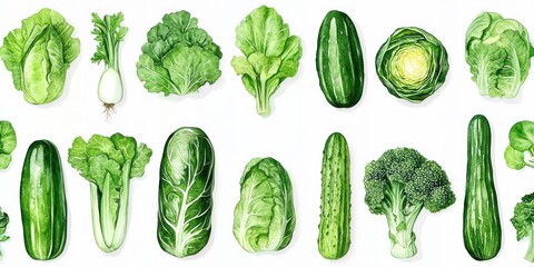 Watercolor Pattern of Various Green Vegetables on White Background Healthy Eating and Fresh Food Design