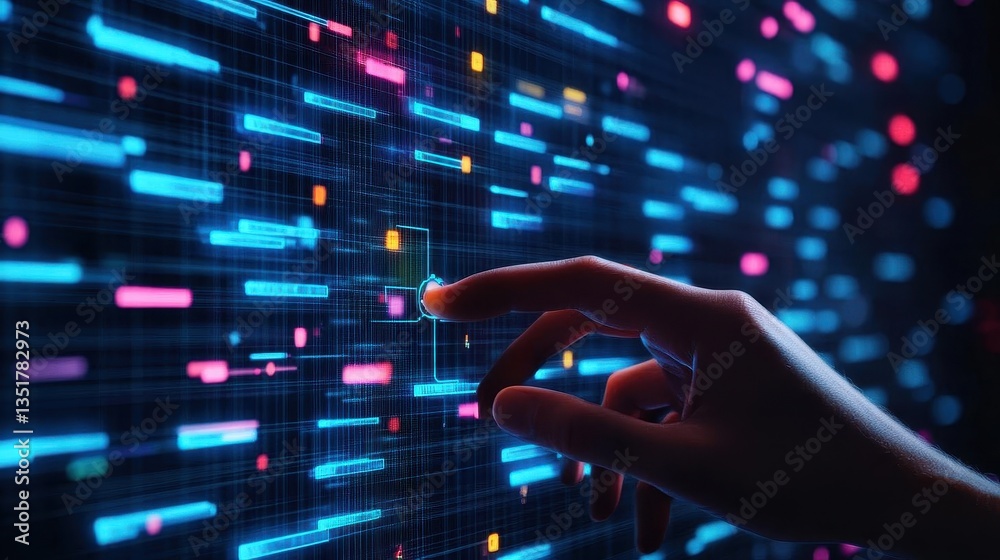 Poster Hand touching digital interface display with futuristic graphics representing agile software development concepts