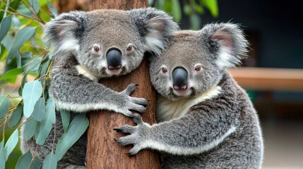Naklejka premium Two koalas embracing a tree in a natural habitat, surrounded by lush greenery and soft light