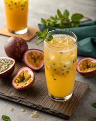 Fototapeta premium Fresh passion fruit (maracuyá) juice, tangy and full of tropical sweetness 