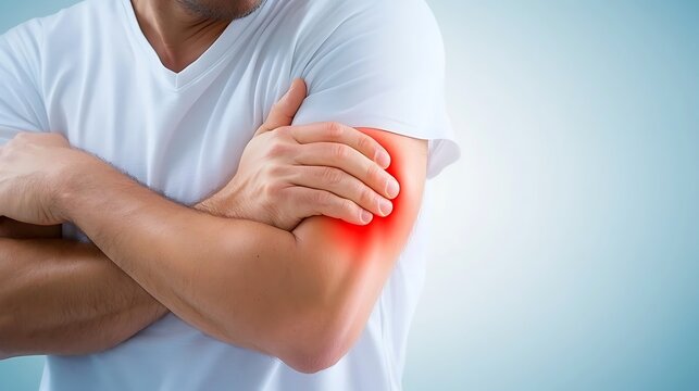 Man experiencing arm pain, highlighted by red overlay.  Illustrates discomfort and potential injury - Powered by Adobe
