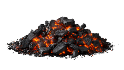 Burning Charcoal Pile with Glowing Embers Isolated on Transparent Background