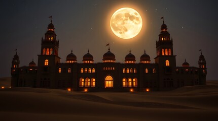 Obraz premium Stunning Illuminated Palace Under Bright Full Moon
