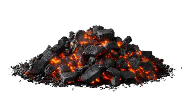 Burning Charcoal Pile with Glowing Embers Isolated on Transparent Background
