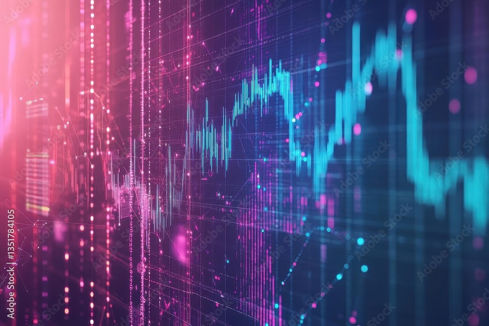 Poster stock market chart displaying trends and data against a vibrant pink and blue background for financi
