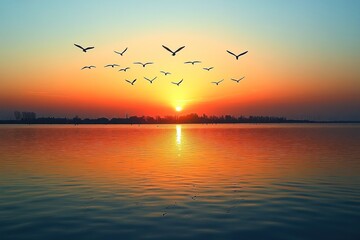 Birds fly over lake at sunset