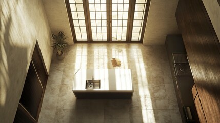 Obraz premium Top view of a modern kitchen featuring a pristine empty table central layout open and minimal design natural tones and bright light fill the space. 