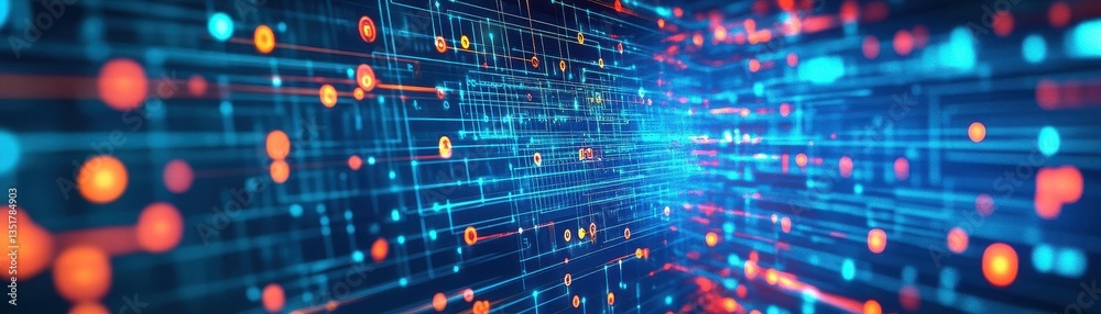 Poster Dynamic blue and orange background filled with glowing circles creating a sense of energy and movement in digital art