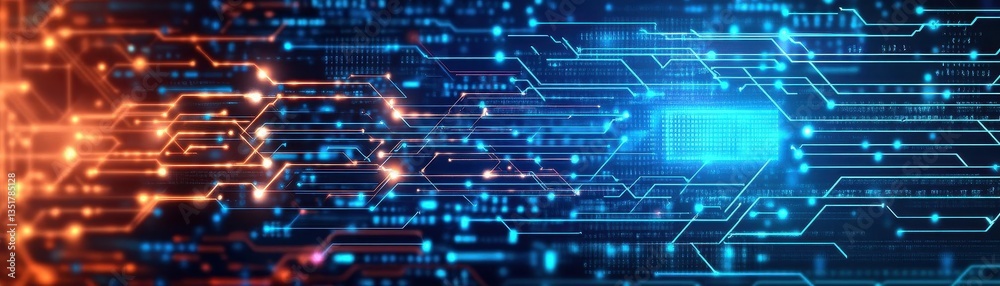 Poster Abstract circuitry design featuring blue and orange colors representing ai and computing technology innovations